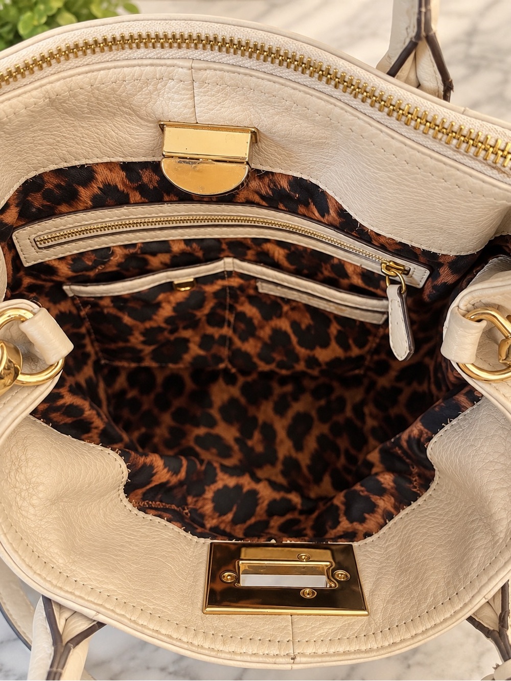 B Makowsky Cream Leather Satchel Crossbody Bag Leopard Lining - Picture 5 of 5